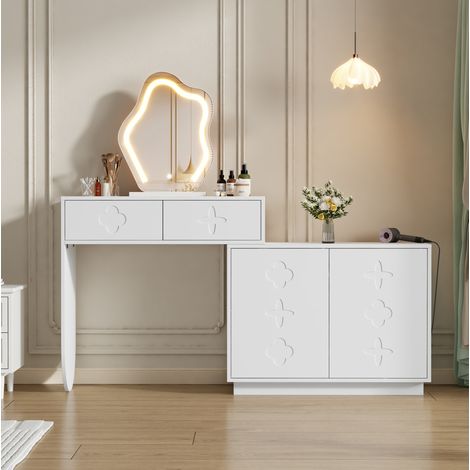 MEUBLIV Coiffeuse 160x40x132 cm blanche – miroir LED et 2 tiroirs, 1 armoire (1/5)