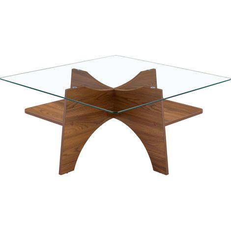 Table d'appoint carrée en verre sécurit 80x80 cm avec pieds MDF effet noyer (1/5)