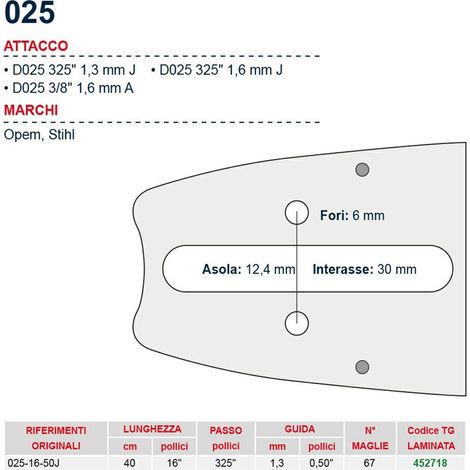 Barra motosega 40 cm - 16" passo .325" Spessore 1.3 mm - .050" attacco 025 - 452718