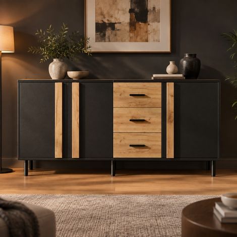 Sideboard 140x35x70 cm aus MDF in Schwarz und Holzoptik, 3 Türen, 3 Schubladen – MEUBLIV (1/5)