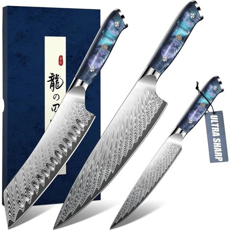 Set de Couteaux de Cuisine, Ensemble de 3 Couteaux avec Manche en Résine Ergonomique, incluant Couteau de Chef, Couteau Santoku et Couteau Universel (1/5)