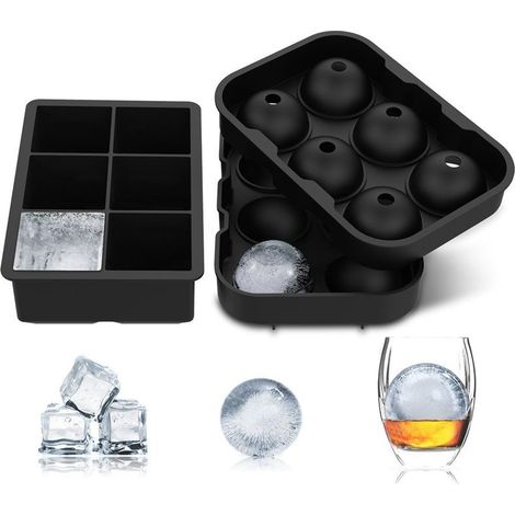 Lntyq Lot de 2 Grands bacs à Glaçons en Silicone avec Couvercle, 1 bac à Glaçons Carré et 1 Moule à Boule de Glace pour Cocktail, Mojito, Whisky, Nourriture pour bébé, Sans BPA, Reutilisable