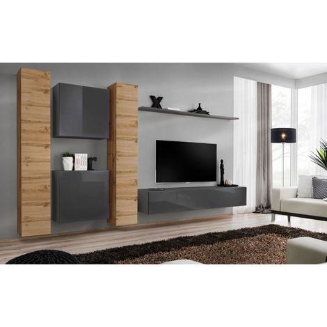 Ensemble mural - Switch VI - 2 vitrines verticales - 1 vitrine carrée - 1 banc TV - 1 étagère - Bois et graphite - Modèle 1 - Livraison gratuite