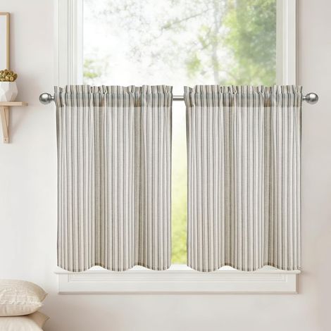Lot de 2 rideaux courts en lin rayés gris H45xL60cm Rideaux brise-bise modernes Semi-transparents Pour cuisine, rideaux pour bistro, placard, salon, caravane (1/5)