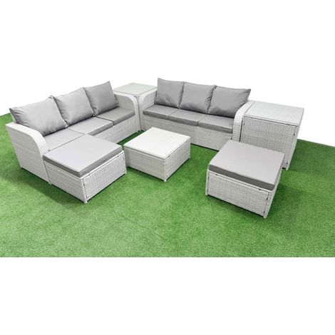 Fimous Outdoor Garden Furniture Sets 8 Seater Wicker Rattan Furniture Sofa Sets with Square Coffee Table high Back Lounge Sofa 2 Big Footstool 2 Side Table Light Grey (1/4)