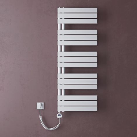 doporro Scaldasalviette Elettrico Bagno con Termostato Digitale e Funzione Timer 131x50cm 1000W Bianco, Termoarredo Elettrico Temperatura Regolabile, Radiatore da Parete Verticale - FN