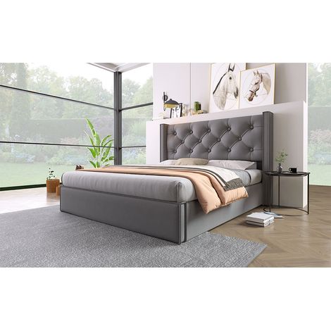 Lit coffre 160x200 cm avec rangement hydraulique, tête de lit capitonnée, sommier métal, tissu coton gris, sans matelas (1/5)