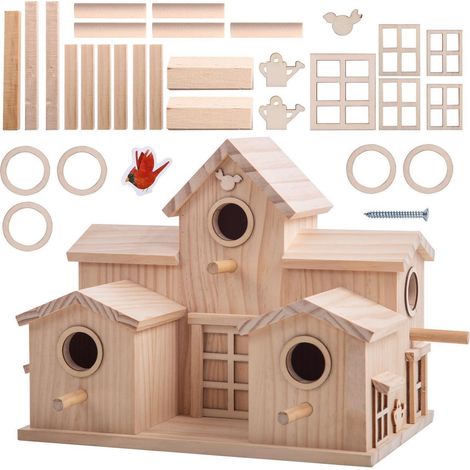 Holz-Vogelhaus mit mehreren Eingängen, Kiefer natur, für Garten & Balkon