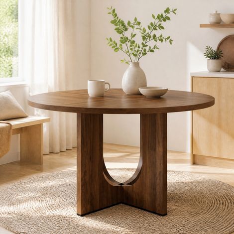 Mesa de comedor redonda 120 cm en MDF, estilo escandinavo, color nogal DESVIAE (1/5)