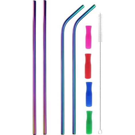 Pajitas de acero inoxidable de colores, pajitas reutilizables de 30 cm con diseño de arcoíris. (1/5)