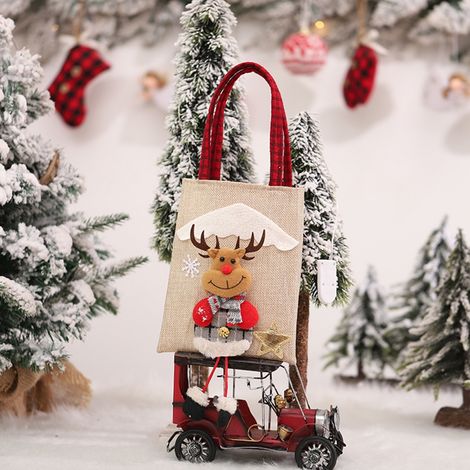 Sac Cadeau De Noël - Toile De Lin Et Tissu Non Tissé - Motif 3D Père Noël Bonhomme De Neige Renne - 43 X 16.5 X 2 Cm - 1 Pièce (1/5)