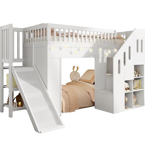 CHICFURN Cama alta infantil 90x200 cm de madera blanca con tobogán, sin colchón (1/5)