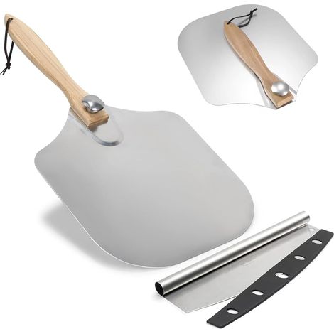 Pelle à pizza aluminium premium poignée bois pliable avec coupe-pizza basculant grande pelle métal pour cuisiner et découper pizza (1/5)
