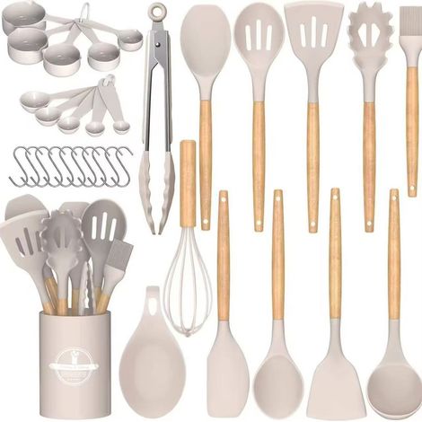 Set Ustensiles De Cuisine - 33 Pièces En Silicone Résistant À La Chaleur - Poignées En Bois - Pour Cuisines Domestiques Et Professionnelles