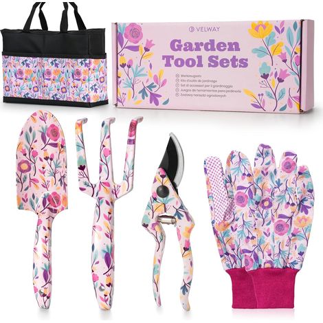 Velway Ensemble Outils Jardin 5 Pièces - Set Jardinage avec Sac Rangement - avec Gants, Sac de Rangement & Coffret pour Femmes (1/5)