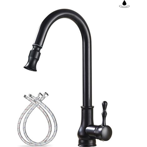 Robinet de cuisine, mitigeur d'évier à bec haut avec douchette extractible, style laiton antique, levier unique pivotant à 360°, noir. (1/5)