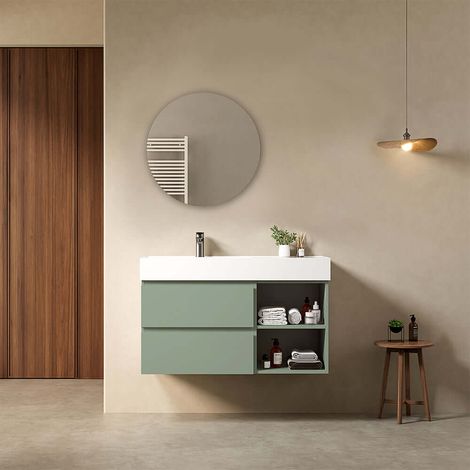 Mobile bagno sospeso 100 cm Verde Salvia Lavabo a Sinistra in Resina Specchio Tondo - Fiji Paint Plus (1/4)