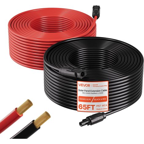 Rallonge Panneau Solaire 6 mm² Câble d'Extension de Panneau Solaire 19,81 m Noir 19,81 m Rouge avec Connecteurs MC4 pour Systèmes Photovoltaïques Extérieurs, Fil de Cuivre Étamé, Étanche IP67 (1/5)