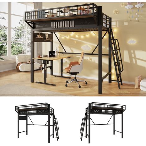 Lit mezzanine 90x200 cm en métal noir avec rangements, gain de place, sans matelas – MEUBLIV (1/5)