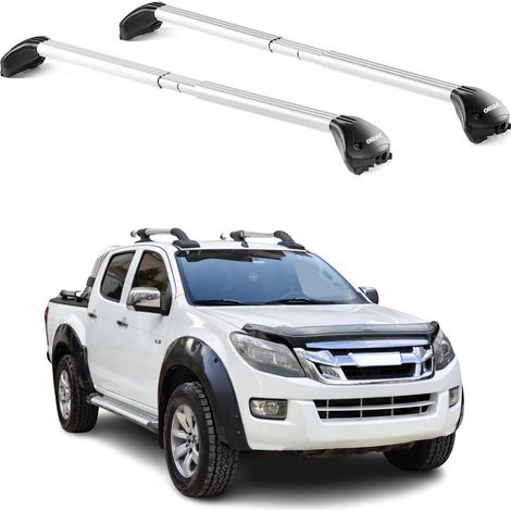 OMAC Barres de toit transversales certifiées TÜV pour Isuzu D-Max II 2012-2018 – Verrouillables (4 antivols) – Charge max 100 kg – Sangle inox + protection caoutchouc Argent (1/4)