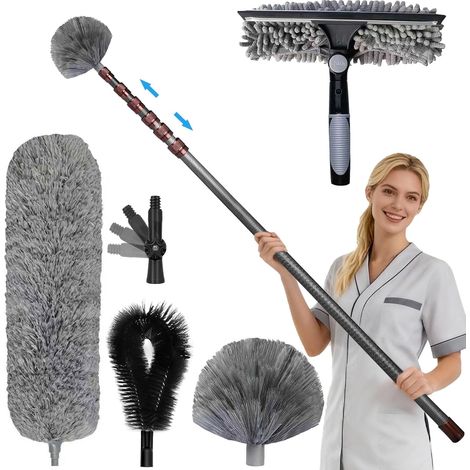Teleskop-Staubwedel 6 m, Teleskop-Staubwedel mit Kohlefasergriff (1,5 bis 6,5 m), inklusive Staubwedelkopf für Decken und Ecken, Anti-Spinnweben-Staubwedel, Fensterabzieher