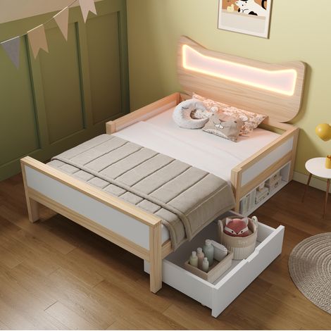 MEUBLIV Cama infantil 90x200 cm blanca y roble con cabecero gato LED RGB sin colchón (1/5)