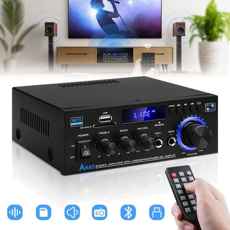 Récepteur amplificateur audio Bluetooth 5.0 - AK45 Mini amplificateur stéréo Hi-Fi 40 W RMS 2.0 canaux pour home cinéma, avec microphone, ports USB et RCA, et radio FM. (1/5)