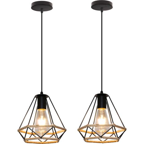 (2X)Lámparas De Colgar Nostalgia Clásica Lámpara De Techo De Diamante De Cuerda De Cáñamo 20CM Araña Retro Industrial Negro Para Dormitorio Tipo Loft
