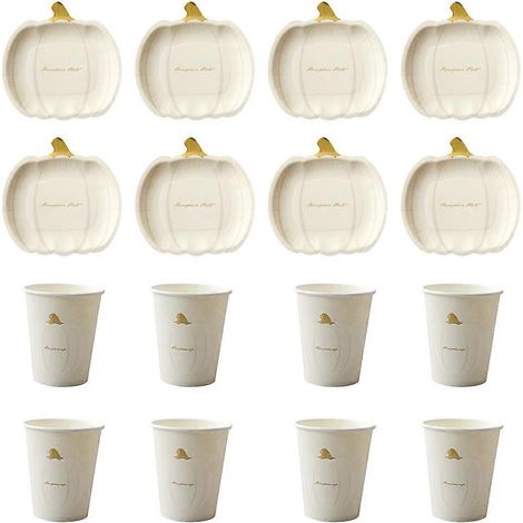 ensemble d'assiettes et de gobelets jetables en forme de citrouille pour fête-18x17.5cm-White