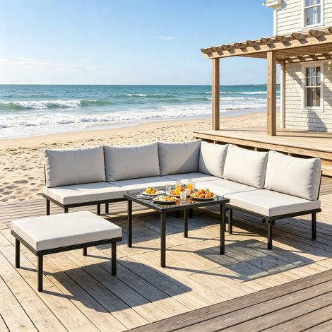 Ensemble canapé d'angle modulaire d'extérieur, salon de jardin contemporain, mobilier de terrasse élégant, 5 pièces avec coussins. (1/5)