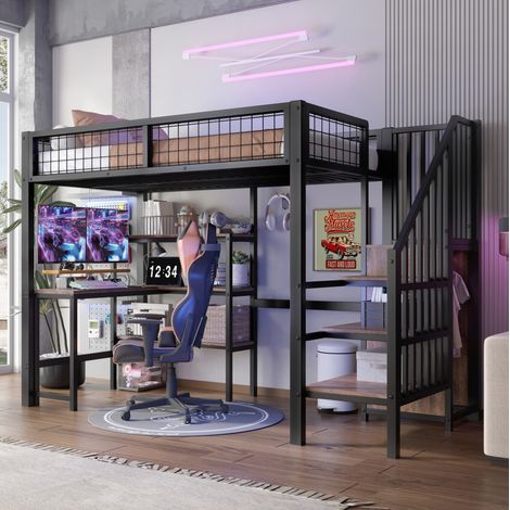 DESVIAE Lit mezzanine 90 x 200 cm avec bureau étagères et armoire intégré métal et MDF noir et marron (1/5)