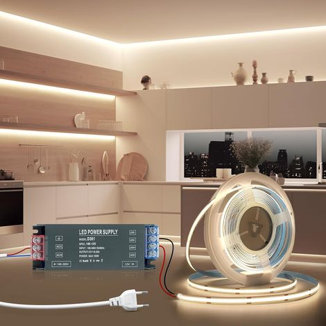 Ruban LED 5M 12V COB Autocollant Bande LED Cuisine Blanc Naturel 4000K Flexible Découpable 320LED/M Largeur 8mm, Avec Transformateur 220V 12V 100W et Alimentation avec Fiche,pour Maison (1/5)
