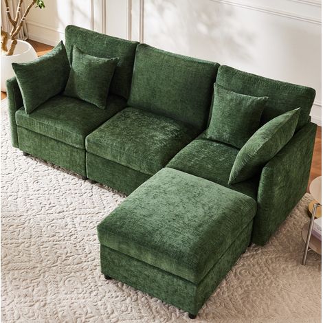 Canapé d’angle modulable 216x161x81 cm vert, pouf mobile et 4 coussins, chenille MEUBLIV (1/5)