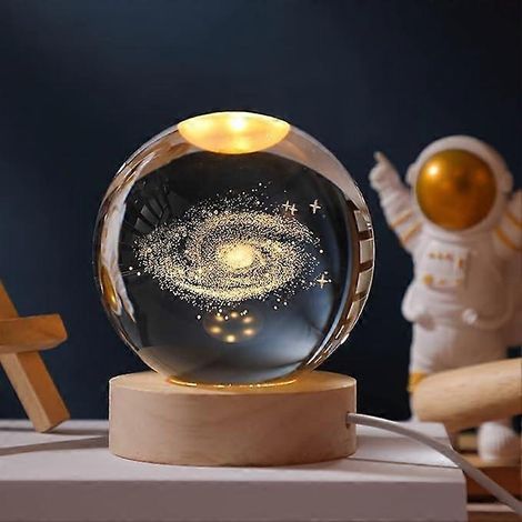Veilleuse boule de cristal galaxie 3D avec socle en bois, lampe lune et planètes pour anniversaire de garçon (1/5)