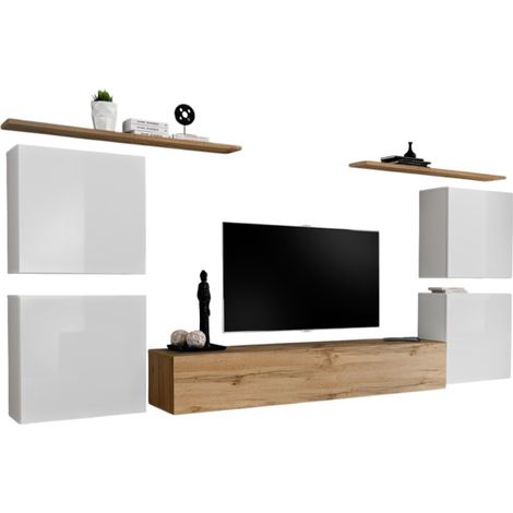 Ensemble meuble salon SWITCH IV design, coloris chêne Wotan et blanc .