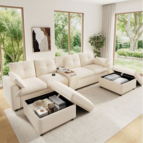 Sofá esquinero modular 316×140 cm beige de chenilla, 6 plazas con almacenaje y USB/Type-C (1/5)