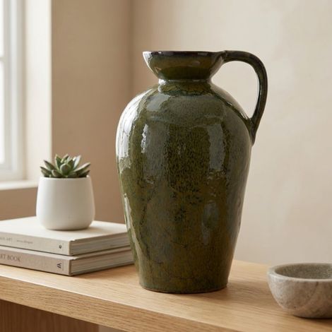 Botanical Tall Olive Glaze Handle Vase (1/2)