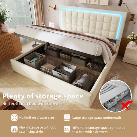 Lit double avec rangements et éclairage LED, cadre en PU blanc 180x200 cm sans matelas (1/5)