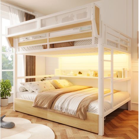 Letto a soppalco 140/200 cm bianco con LED, ripiani e 2 cassetti (1/5)