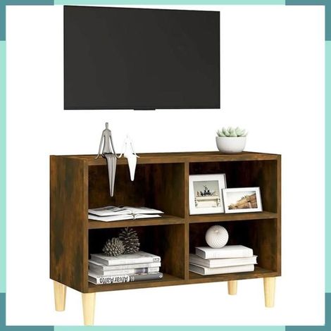 813146 Meuble TV avec pieds en bois massif Chêne fumé 69,5x30x50 cm (1/5)