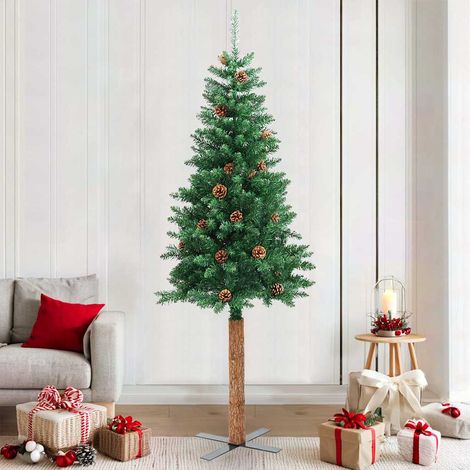 Sapin de Noël mince avec bois véritable et cônes vert-Décoration de Fête pour Noël 210cm PVC 974783 (1/5)