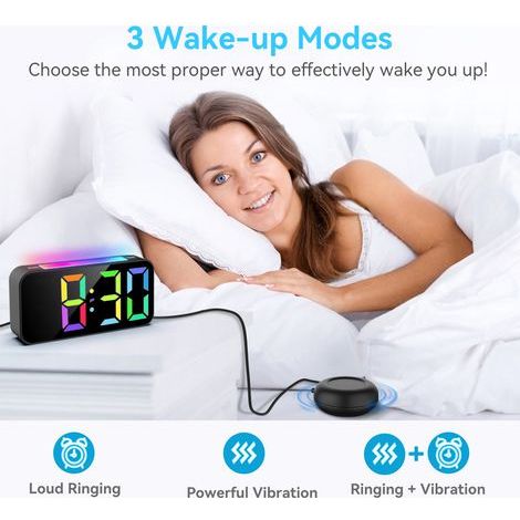 Digitaler Schlafzimmerwecker, weiße Digitaluhr mit Helligkeitsregelung und Schlummerfunktion, großes RGB-Display mit 8 Farboptionen - schwarz.
