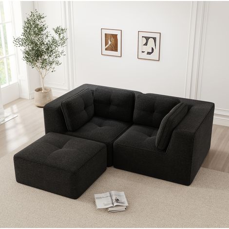 Sofá de esquina modular de pana negra, sin estructura, 2 plazas con reposapiés móvil y asiento profundo de 74 cm (1/5)