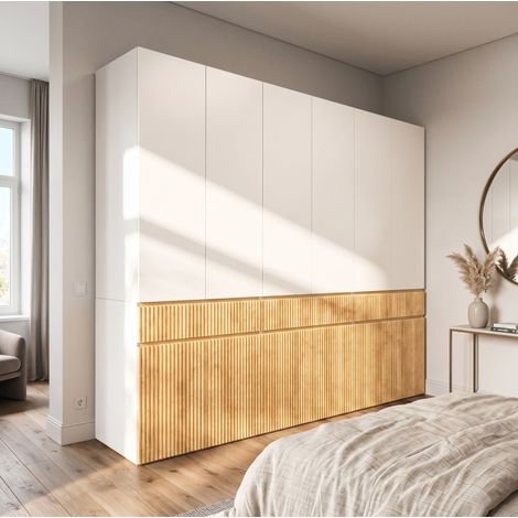 MODFU – Armadio 270x50x200 cm in MDF con 12 ante, 3 cassetti, 3 appendiabiti e vano modulare – Rovere/grigio (1/5)