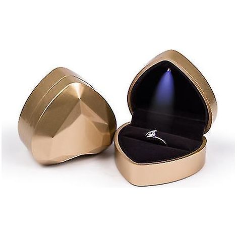 Herzförmige LED-Ringbox mit Präsentationsständer und goldenem Samtetui (1/5)