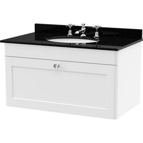 Swynnerton Traditional 1 Drawer Wall Hung Vanity Unit with Marble Basin, Satin White, 800mm