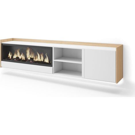 Skraut Home - Mueble TV, Televisión, Muebles de salón, almacenaje, 212x35x50cm, Para TV hasta 80", Chimenea eléctrica XXL, Colgado, Suspendido, LED, Estilo Moderno, Blanco y roble soft (1/5)