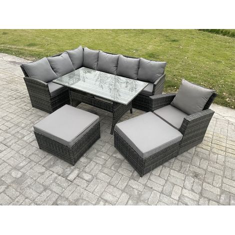 Fimous 9 Seater Outdoor Rattan Garden Furniture Set with Rectangular Dining Table 2 Big Footstool Armchiar Patio Wicker Corner Sofa Set Dark Grey Mixed