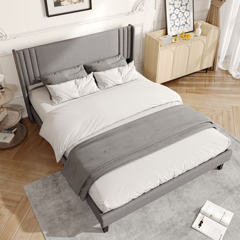 BSMGSGN-Lit de rangement gris 140x200 cm avec sommier à lattes, lit double adulte avec rangement sous le lit, tête de lit capitonnée en lin, structure robuste, sans matelas (1/4)
