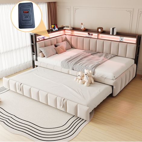 Cama individual extensible tapizada con LED y USB beige OKMYHOME (1/5)